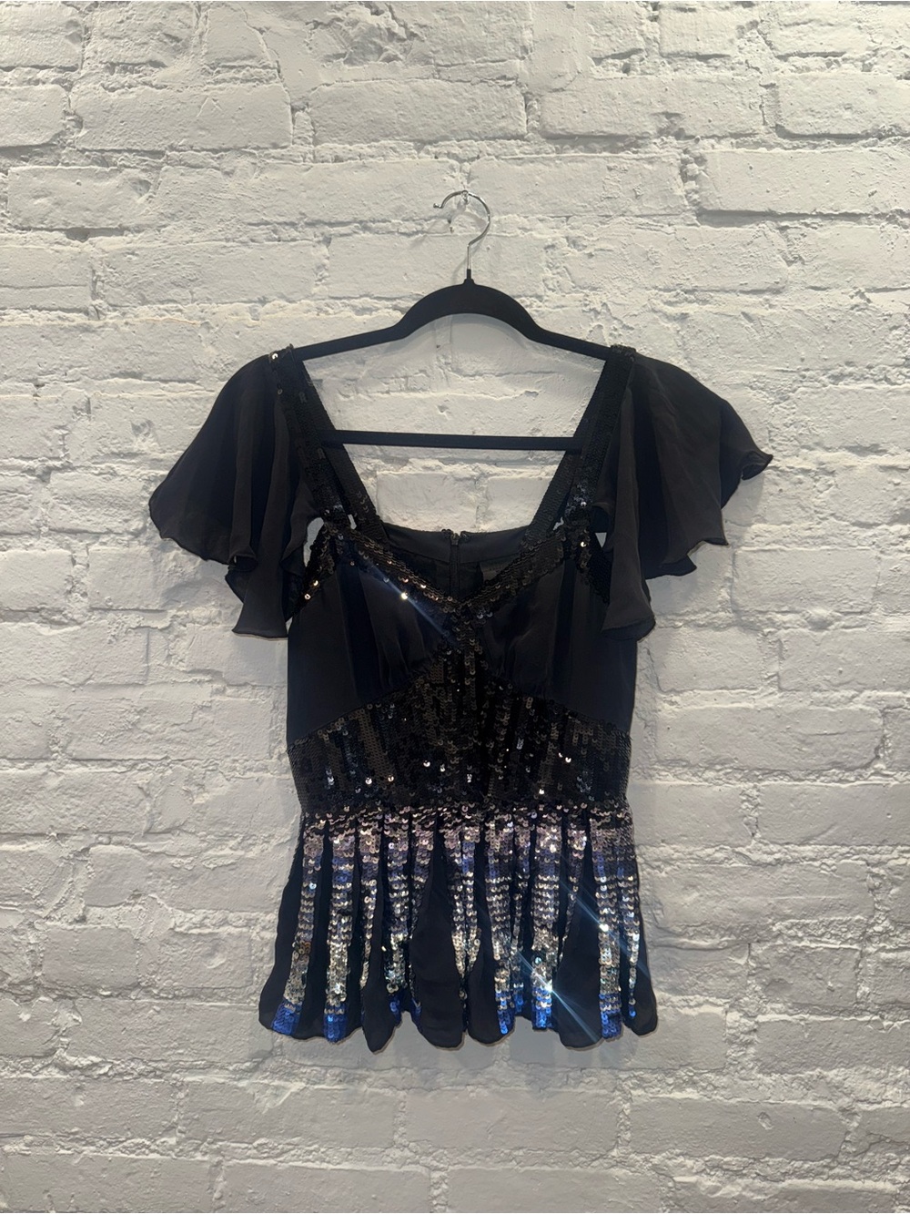 Anna Sui Black White and Blue Ruffle Sequin Top